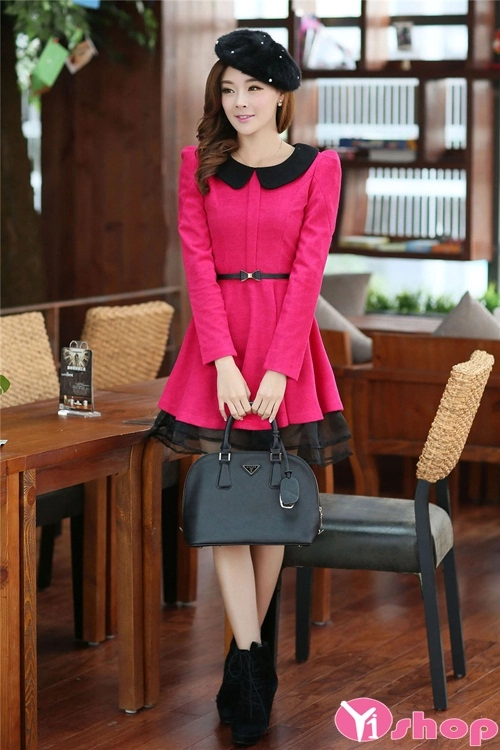 Mẫu váy đầm dạ dáng xòe đẹp kiểu cổ sen hàn quốc cuốn hút cho chị em