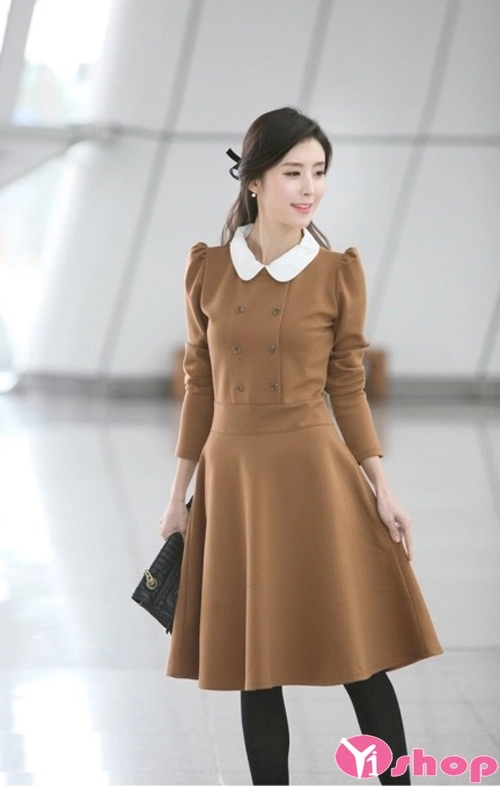 Mẫu váy đầm dạ dáng xòe đẹp kiểu cổ sen hàn quốc cuốn hút cho chị em
