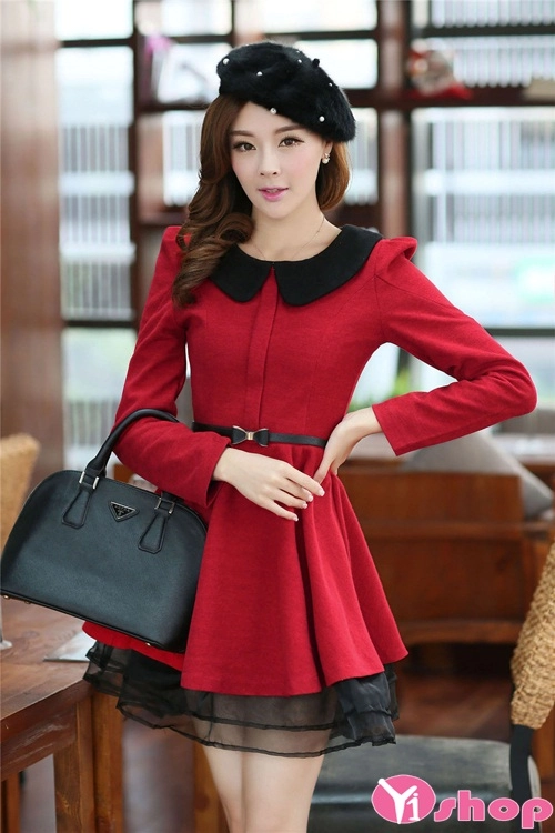 Mẫu váy đầm dạ dáng xòe đẹp kiểu cổ sen hàn quốc cuốn hút cho chị em