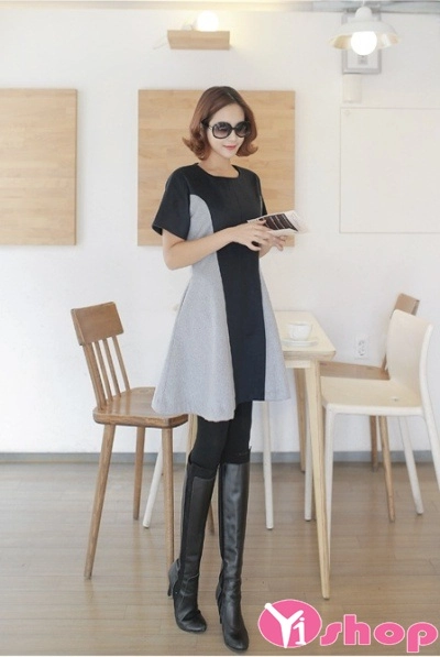 Mẫu váy đầm liền dáng xòe đẹp cách điệu gam màu đen trắng cá tính
