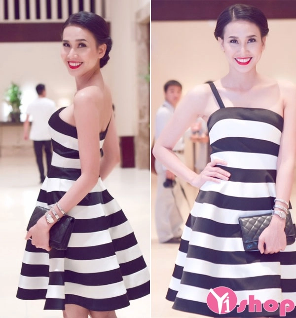 Váy đầm kẻ ngang xòe đẹp cho nàng thoải mái dự tiệc hè