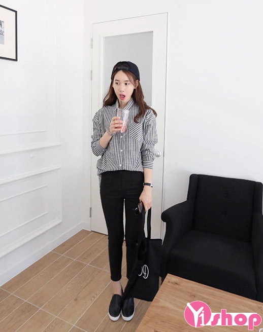 Áo sơ mi nữ kẻ sọc dài tay đẹp che khuyết điểm béo bụng tự tin