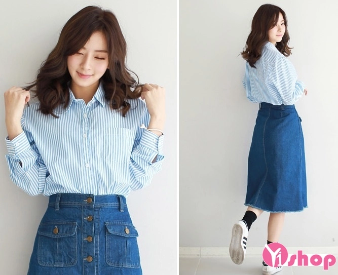 Áo sơ mi nữ kẻ sọc dọc đẹp công sở cho người béo lùn