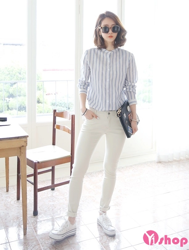 Áo sơ mi nữ kẻ sọc dọc đẹp công sở cho người béo lùn