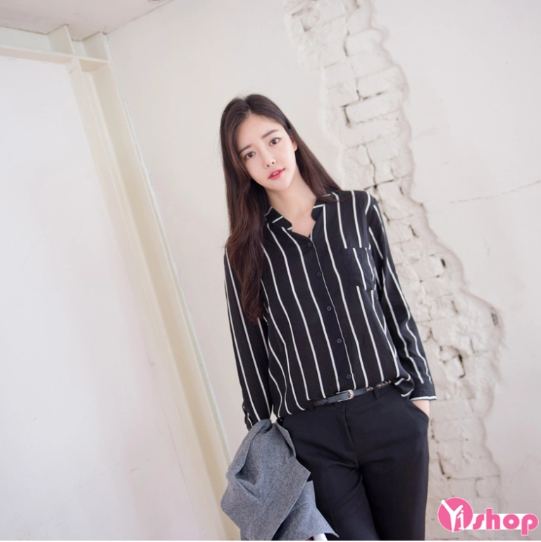 Áo sơ mi nữ kẻ sọc dọc đẹp công sở cho người béo lùn