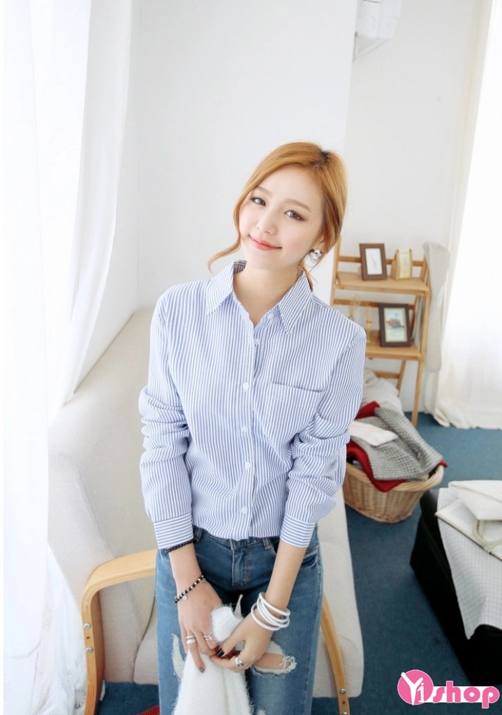 Áo sơ mi nữ kẻ sọc dọc đẹp công sở cho người béo lùn