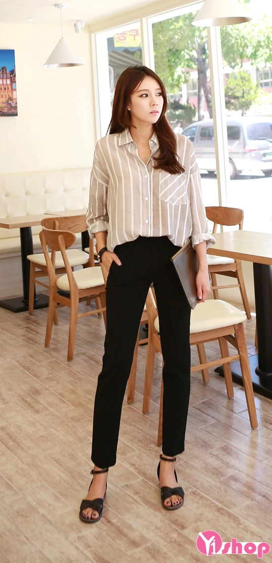 Áo sơ mi nữ kẻ sọc dọc đẹp công sở cho người béo lùn