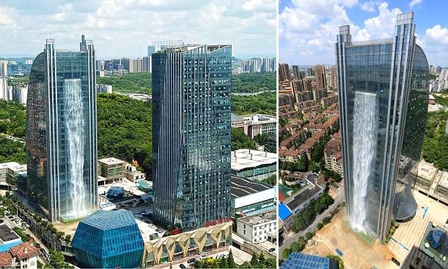 Thác nước khổng lồ đổ xuống từ tòa nhà cao tầng