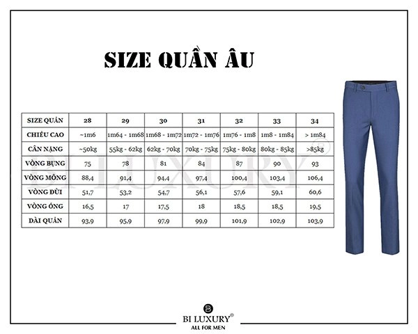 Bảng size quần nam và cách chọn size quần nam 