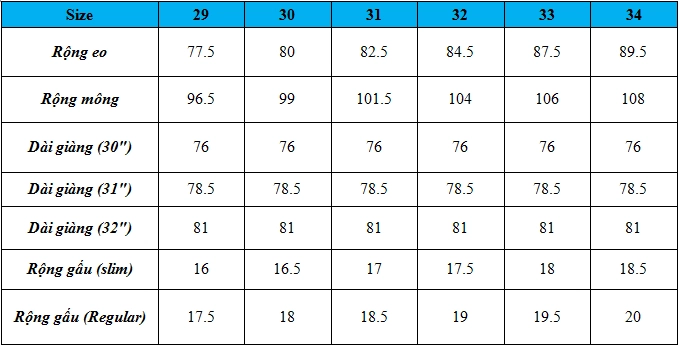 Bảng size quần tây quần jean quần short cho nam