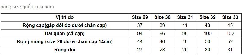 Bảng thông số chọn size quần áo nam chuẩn