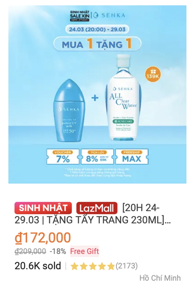 Kem chống nắng với 21000 lượt mua trên lazada